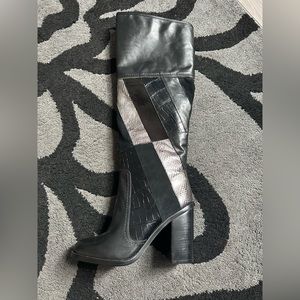 Black & Silver Leather Thigh High Heeled Boots